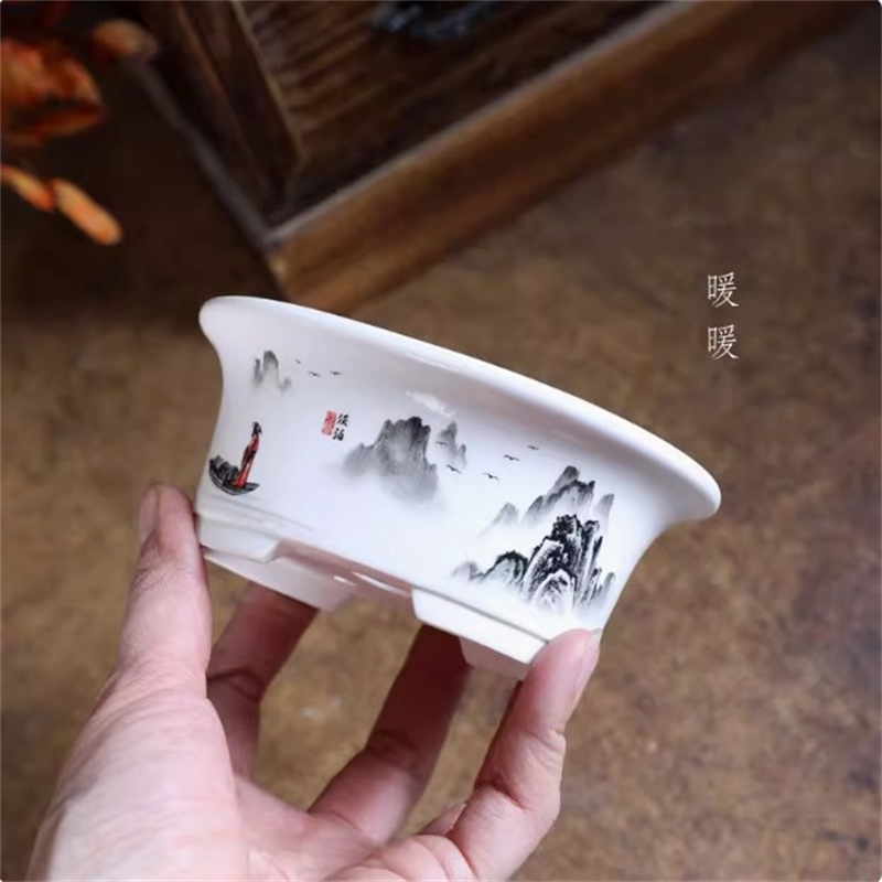 Bonsai Garden Table - 도자기 흰색 타원형 분재 냄비, 미니